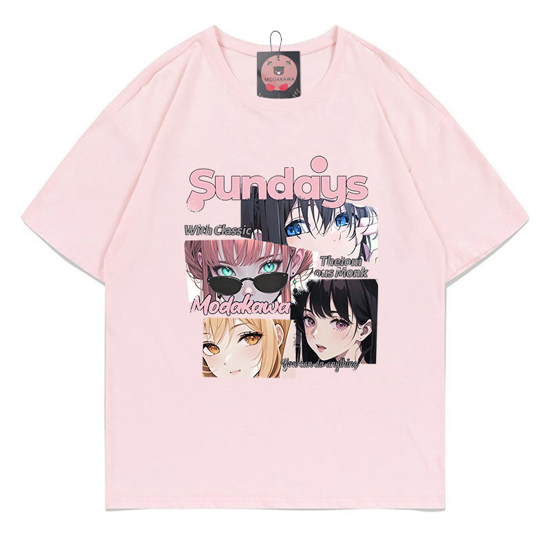 SONNTAGS Anime-Charakter-Buchstabendruck 100% Baumwolle Modakawa T-Shirt - Pink - 5XL - image 3