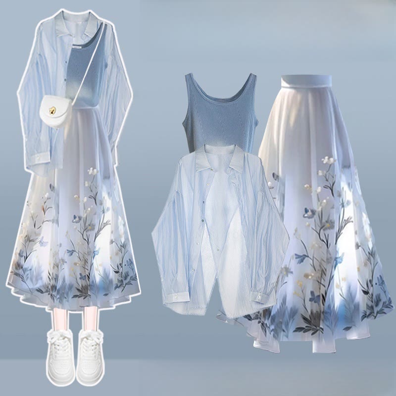 Dreiteiliges Set: Asymmetrisches Crop-Top mit Bluse, Blumenmuster und Rock mit Pferdegesicht - Set B - 3XL - image 2