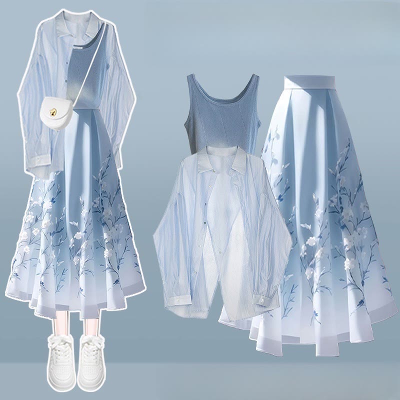 Dreiteiliges Set: Asymmetrisches Crop-Top mit Bluse, Blumenmuster und Rock mit Pferdegesicht - Set A - 3XL - image 1