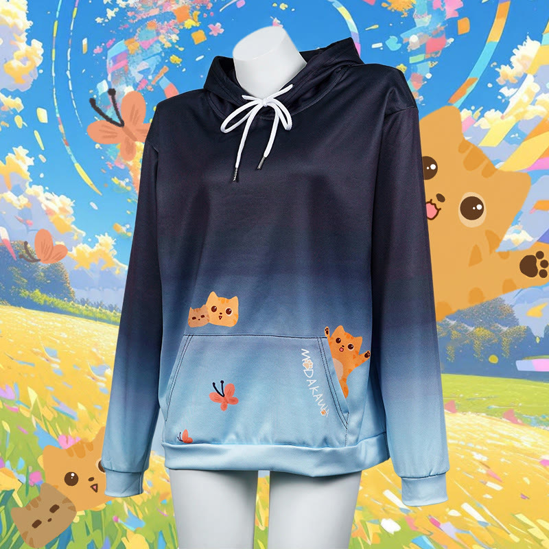 Modakawa Kapuzenpullover mit Farbverlauf und Katzenmotiv-Buchstabenprint - Black&Blue - 8XL - image 1