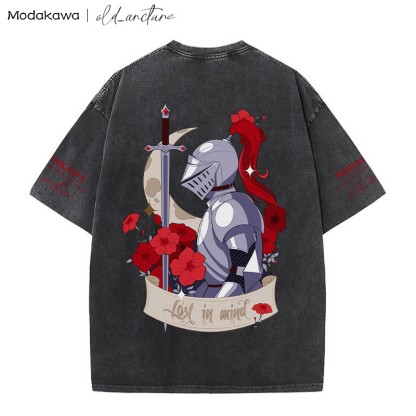 MODAKAWA X old_arcture LOST IN MIND – T-Shirt mit Vintage-Waschung und Rosenritter-Print - Black - 5XL - image 2