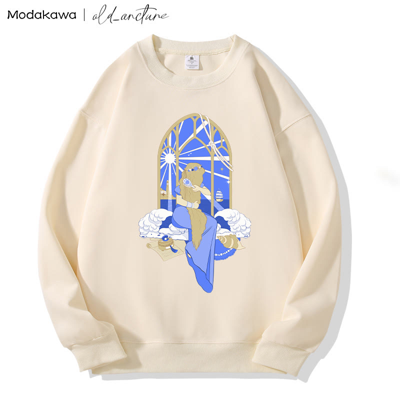 MODAKAWA X old_arcture Sweatshirt mit Aufdruck „Blondes Mädchen bürstet Haare“ und Rundhalsausschnitt - Apricot - 5XL - image 1