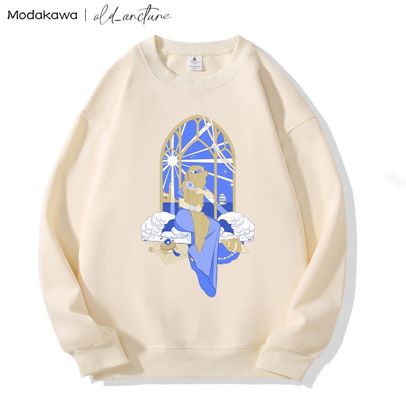MODAKAWA X old_arcture Sweatshirt mit Aufdruck „Blondes Mädchen bürstet Haare“ und Rundhalsausschnitt - Apricot - 5XL - image 1