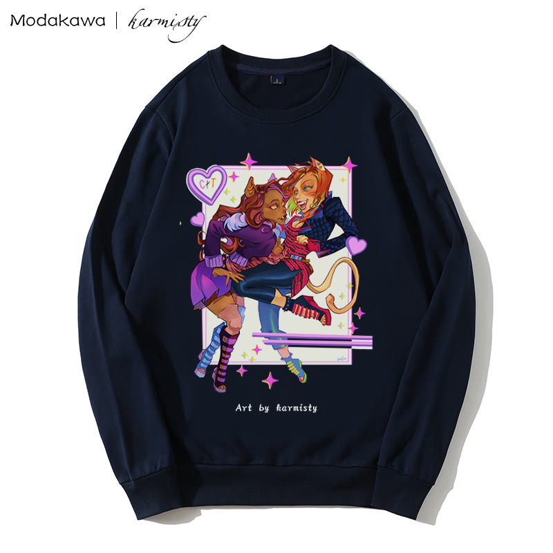 MODAKAWA X karmisty Sweatshirt mit rundem Kragen und Kitten-Girl-Print - Black - 5XL - image 1