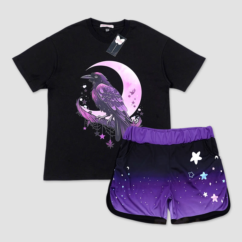 T-Shirt mit Vogel- und Mond-Print, Shorts mit Farbverlauf und Sternen-Print, Modakawa-Zweiteiler - Black - 5XL - image 1