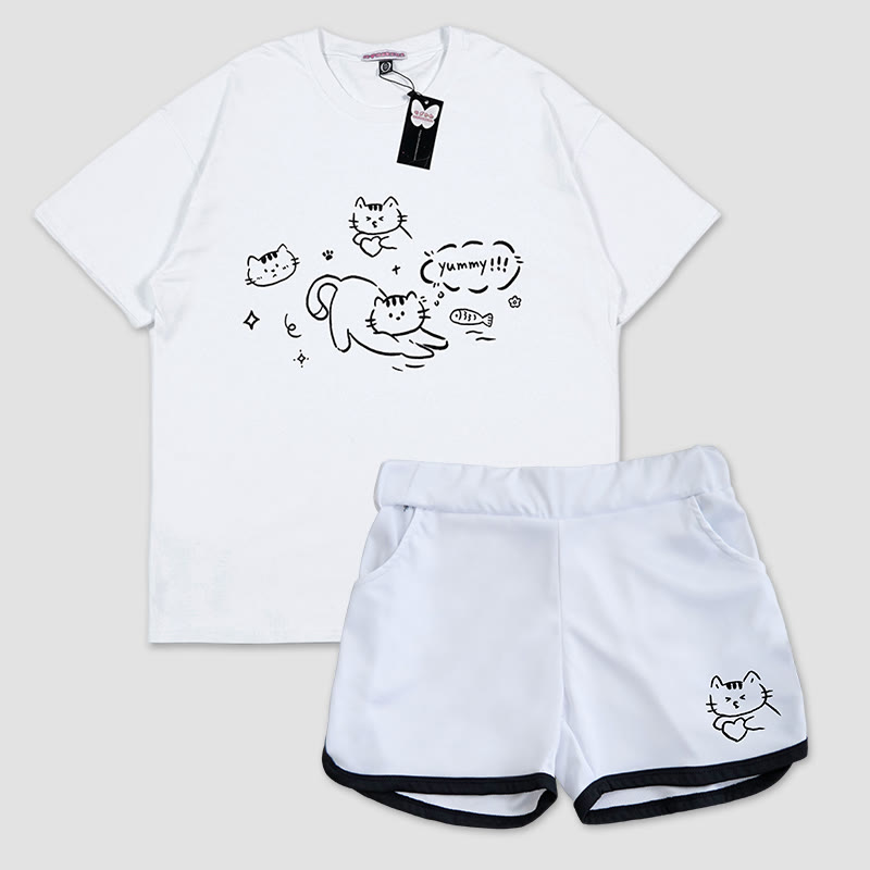 T-Shirt und Shorts mit Kitty-Print Modakawa, zweiteiliges Set - White - 5XL - image 2