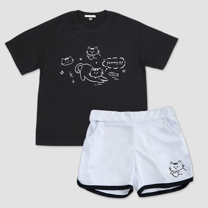 T-Shirt und Shorts mit Kitty-Print Modakawa, zweiteiliges Set - Black&White - 5XL - image 1