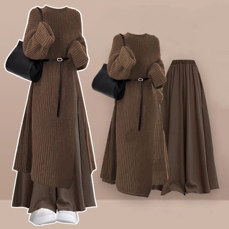 Strickkleid mit Gürtel und kariertem Rock, zweiteiliges Set - Set B - XL - image 2