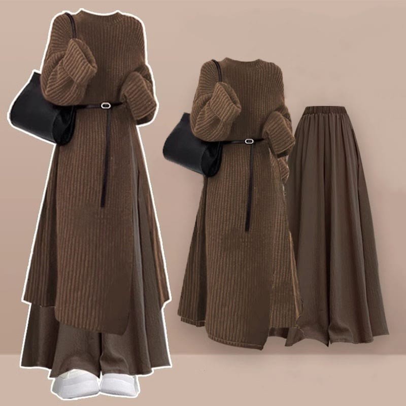 Strickkleid mit Gürtel und kariertem Rock, zweiteiliges Set - Set B - XL - image 2