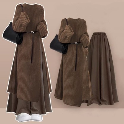 Strickkleid mit Gürtel und kariertem Rock, zweiteiliges Set - Set B - XL - image 2