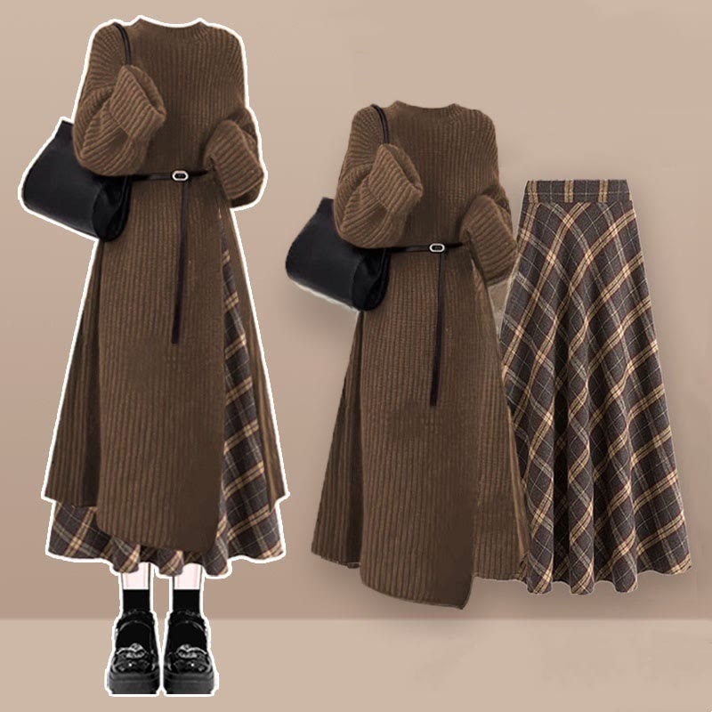 Strickkleid mit Gürtel und kariertem Rock, zweiteiliges Set - Set A - XL - image 1