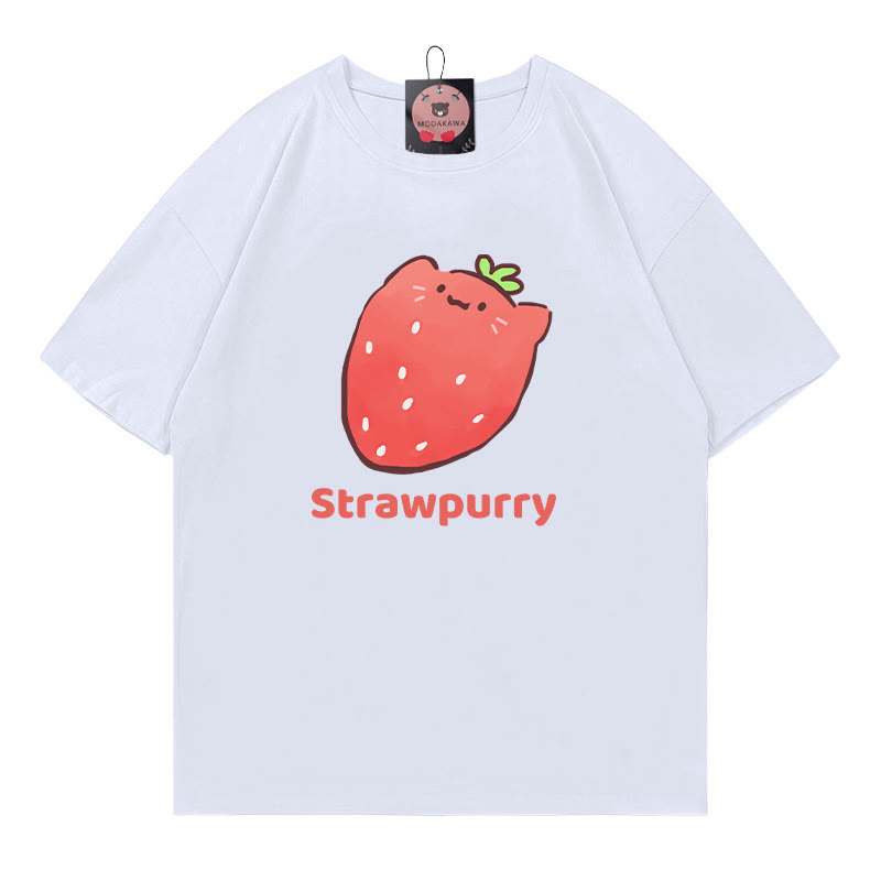STRAWPURRY Strawberry Purr Print Modakawa T-Shirt - White - 5XL - image 2
