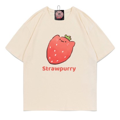 STRAWPURRY Strawberry Purr Print Modakawa T-Shirt - Apricot - 5XL - image 1