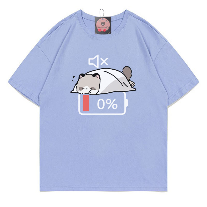 0% Akku Stummes Katzen-Print-T-Shirt - Lavender Blue - 5XL - image 1