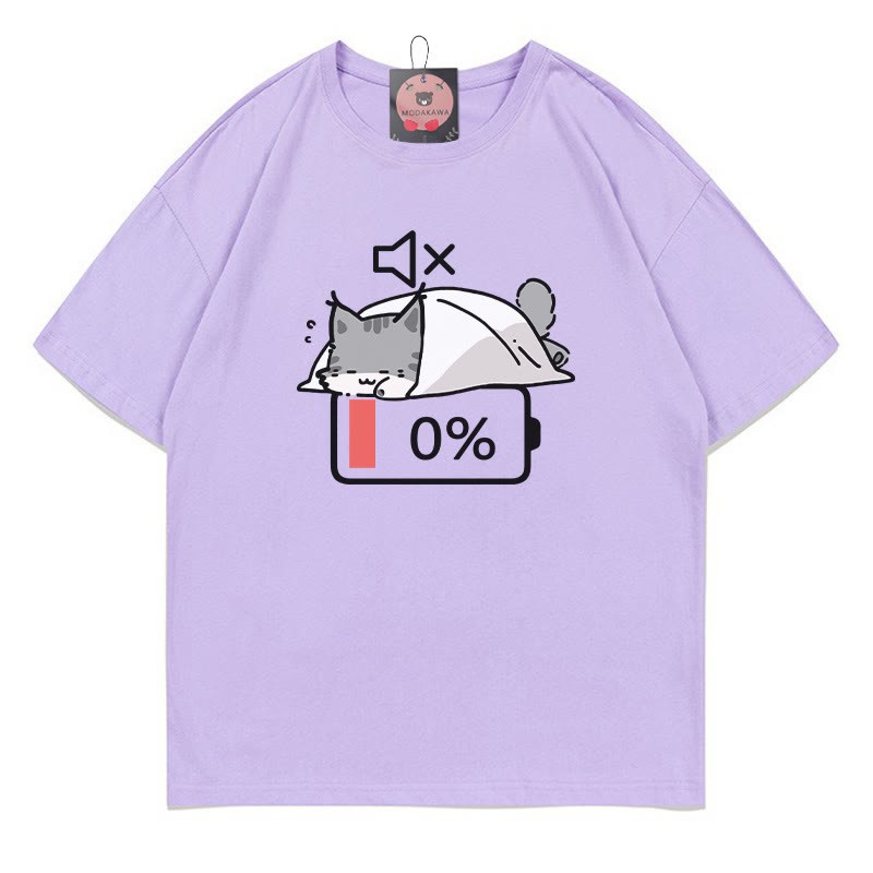 0% Akku Stummes Katzen-Print-T-Shirt - Purple - 5XL - image 2