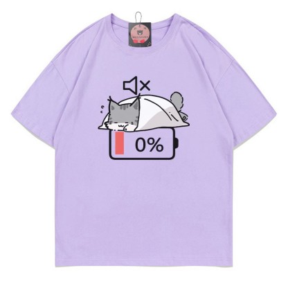 0% Akku Stummes Katzen-Print-T-Shirt - Purple - 5XL - image 2