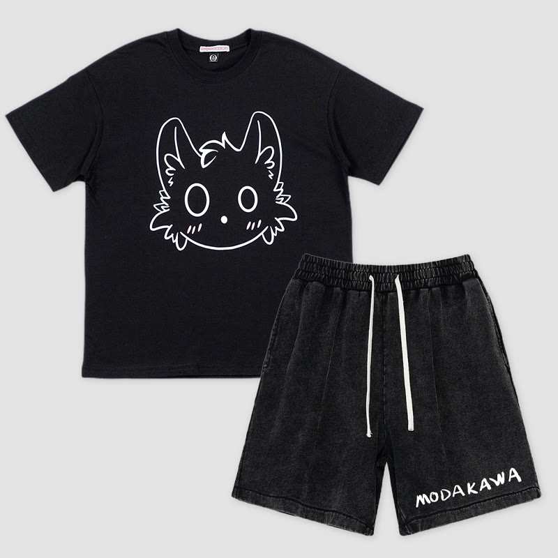T-Shirt mit kleinem Monster-Print, Shorts mit Buchstaben-Print, Modakawa, zweiteiliges Set - Black - 3XL - image 3