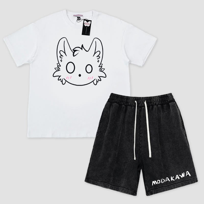 T-Shirt mit kleinem Monster-Print, Shorts mit Buchstaben-Print, Modakawa, zweiteiliges Set - White&Black - 3XL - image 1