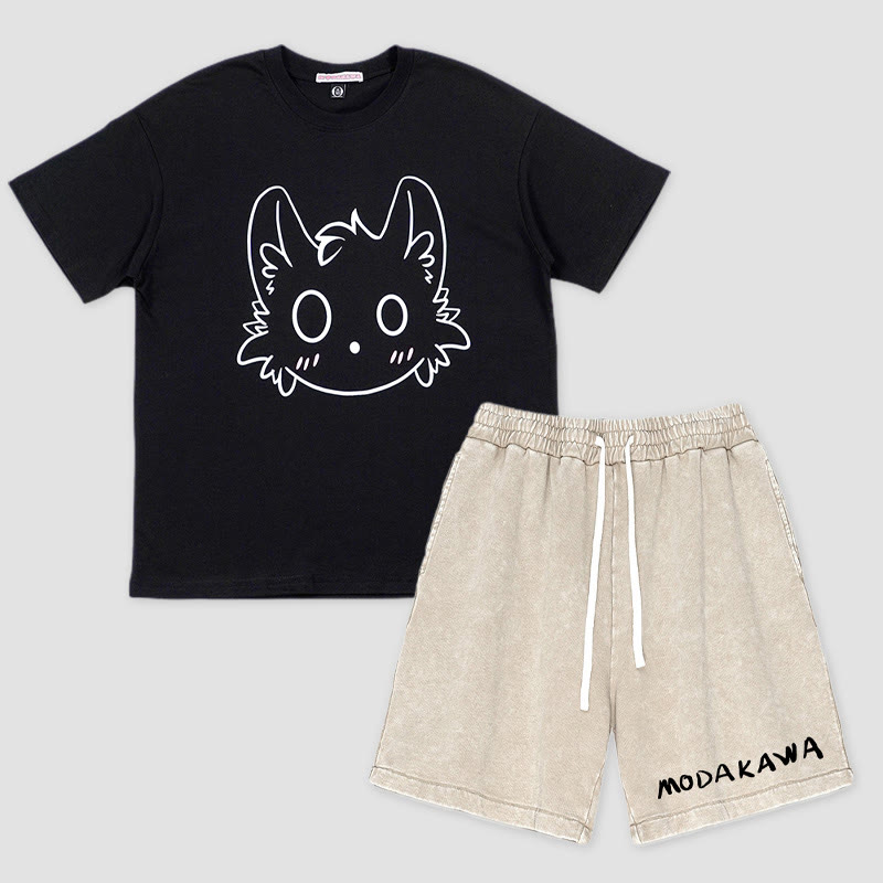 T-Shirt mit kleinem Monster-Print, Shorts mit Buchstaben-Print, Modakawa, zweiteiliges Set - Black&Apricot - 3XL - image 4