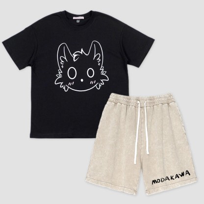 T-Shirt mit kleinem Monster-Print, Shorts mit Buchstaben-Print, Modakawa, zweiteiliges Set - Black&Apricot - 3XL - image 4