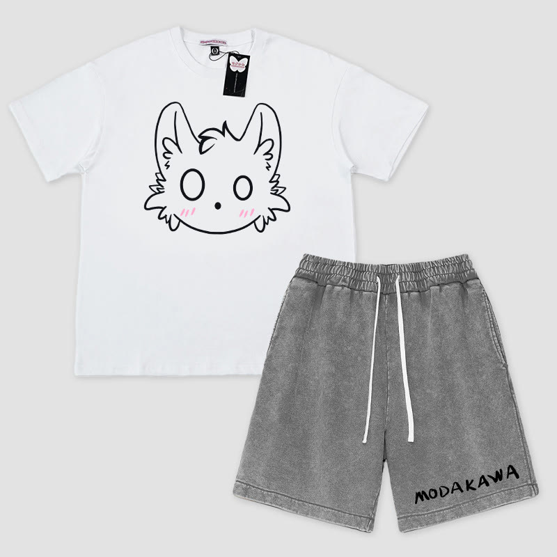 T-Shirt mit kleinem Monster-Print, Shorts mit Buchstaben-Print, Modakawa, zweiteiliges Set - White&Grey - 3XL - image 2