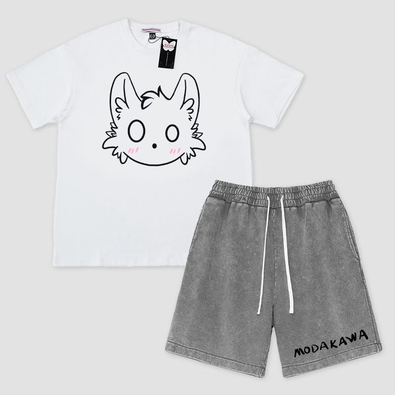 T-Shirt mit kleinem Monster-Print, Shorts mit Buchstaben-Print, Modakawa, zweiteiliges Set - White&Grey - 3XL - image 2