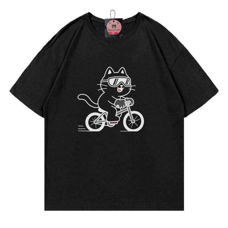 Fahrrad-Kätzchen-Print-T-Shirt - Black - 5XL - image 2