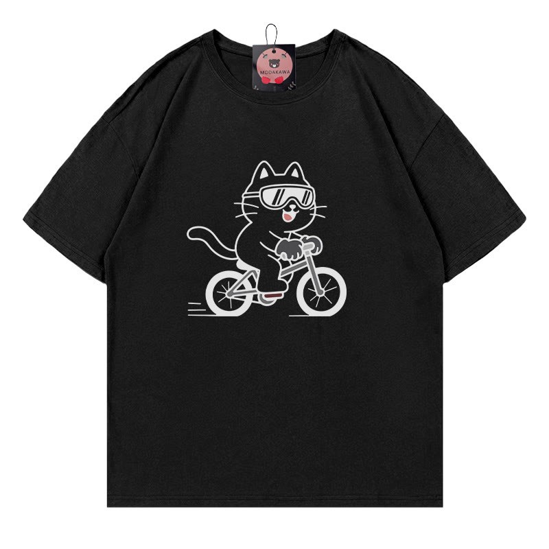 Fahrrad-Kätzchen-Print-T-Shirt - Black - 5XL - image 2