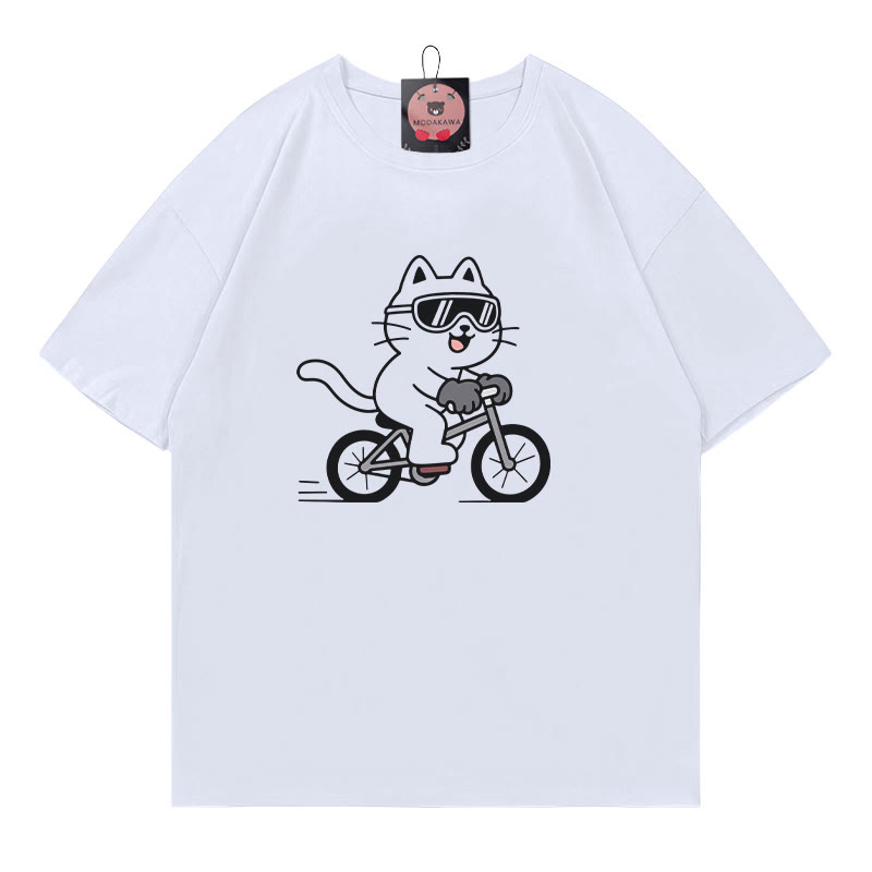 Fahrrad-Kätzchen-Print-T-Shirt - White - 5XL - image 1
