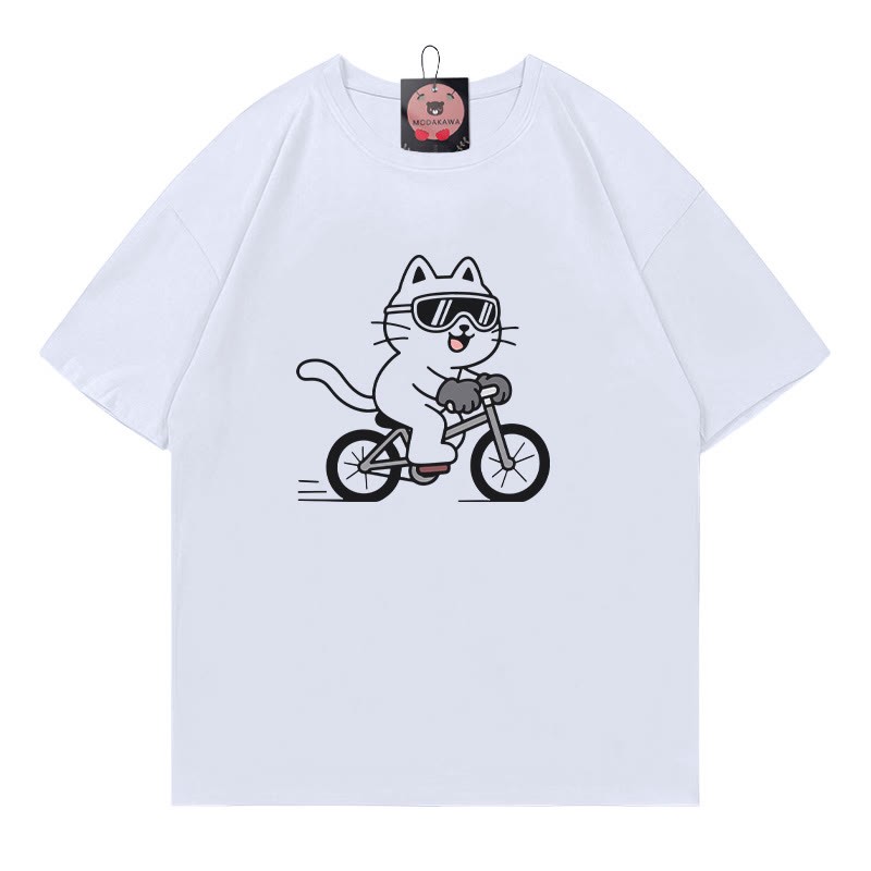 Fahrrad-Kätzchen-Print-T-Shirt - White - 5XL - image 1