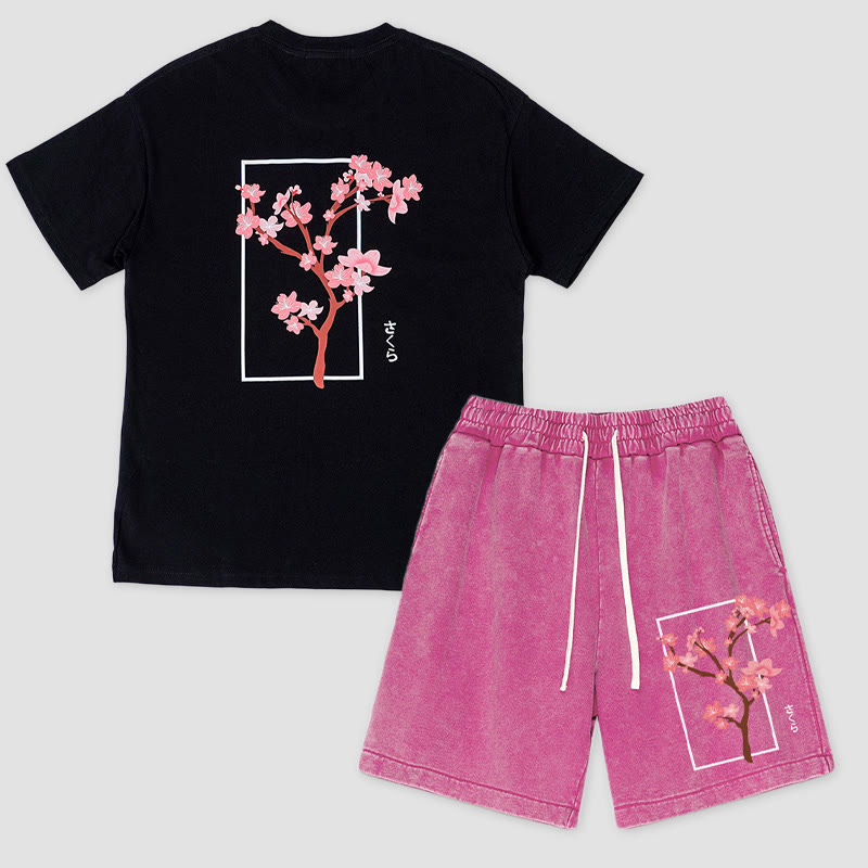 Zweiteiliges Set: Kirschbaum-T-Shirt, Vintage-Shorts und passende Shorts - Black&Rose Red - 3XL - image 3