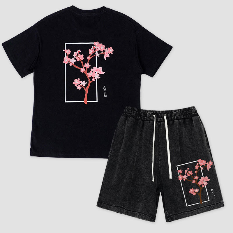 Zweiteiliges Set: Kirschbaum-T-Shirt, Vintage-Shorts und passende Shorts - Black - 3XL - image 1