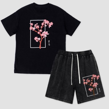 Zweiteiliges Set: Kirschbaum-T-Shirt, Vintage-Shorts und passende Shorts - Black - 3XL - image 1