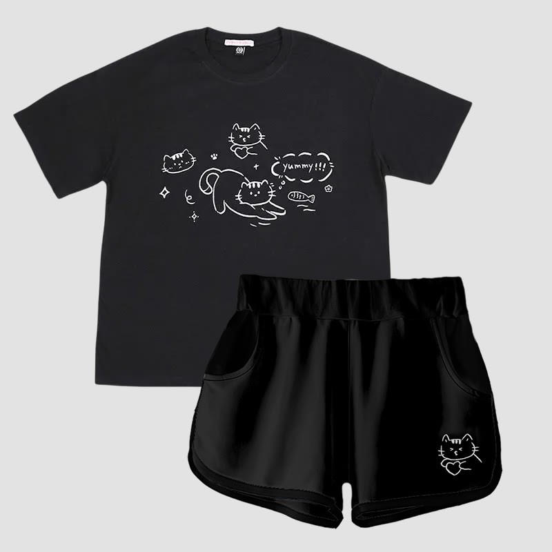 T-Shirt und Shorts mit Kitty-Print Modakawa, zweiteiliges Set - Black - 5XL - image 4