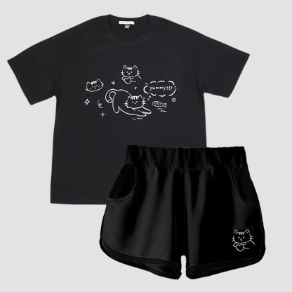 T-Shirt und Shorts mit Kitty-Print Modakawa, zweiteiliges Set - Black - 5XL - image 4