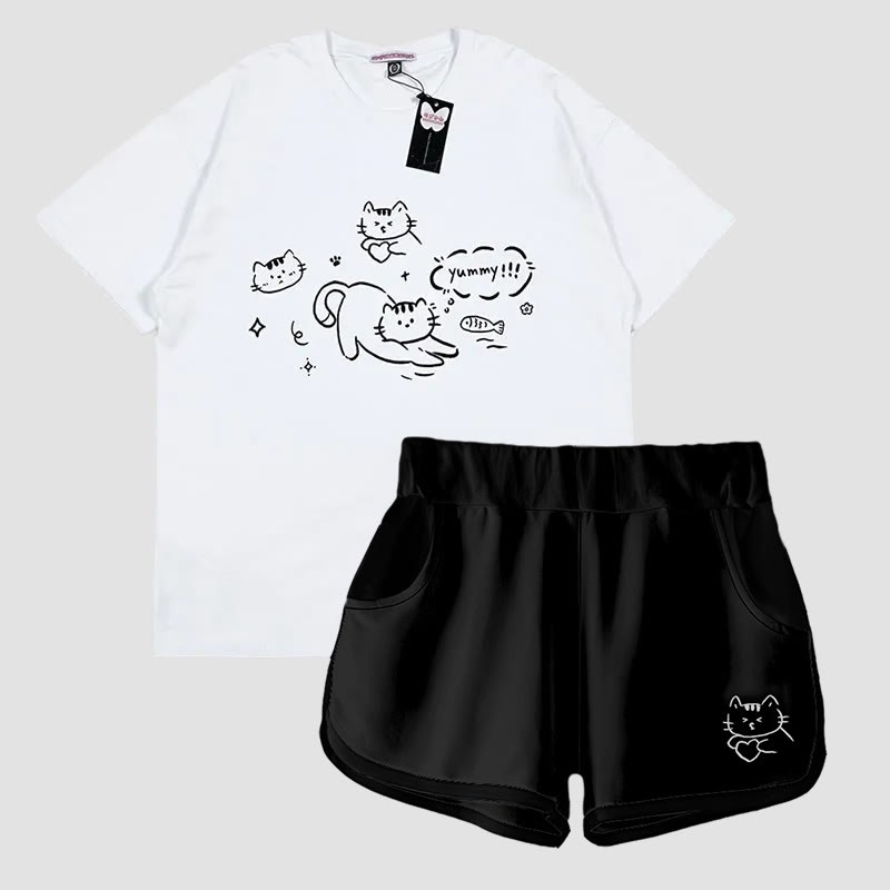 T-Shirt und Shorts mit Kitty-Print Modakawa, zweiteiliges Set - White&Black - 5XL - image 3