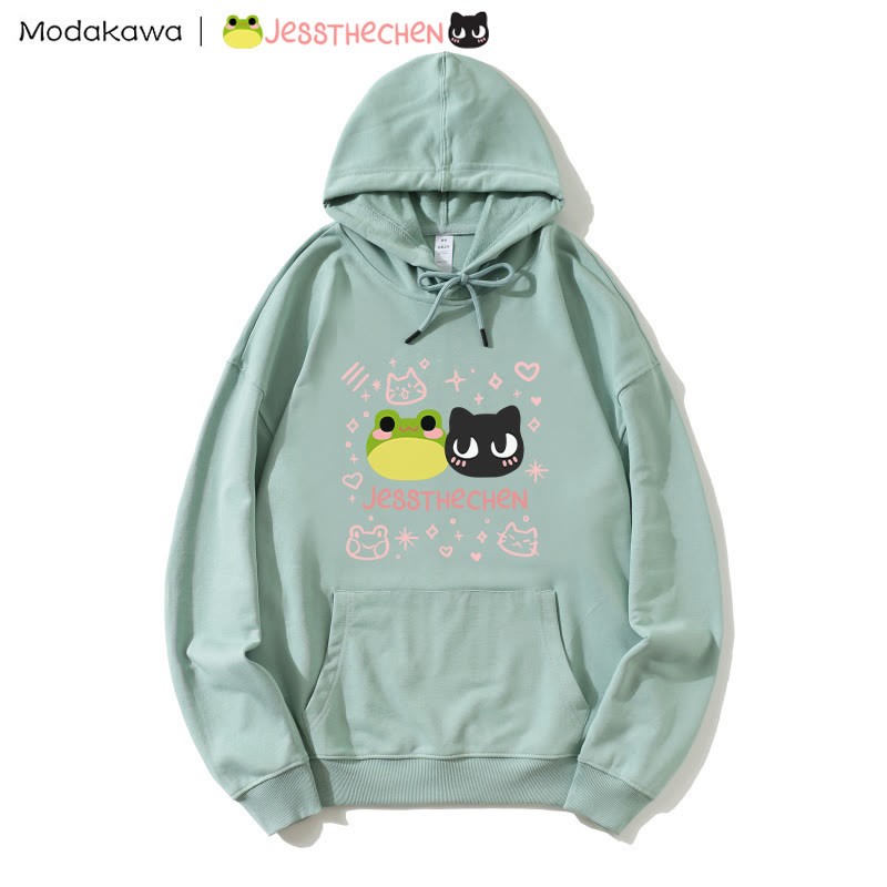 MODAKAWA X jessthechen – Lockerer Hoodie mit Frosch- und Kätzchen-Print - Green - 5XL - image 1