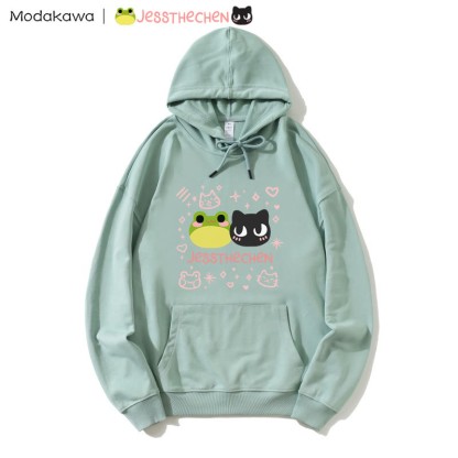 MODAKAWA X jessthechen – Lockerer Hoodie mit Frosch- und Kätzchen-Print - Green - 5XL - image 1