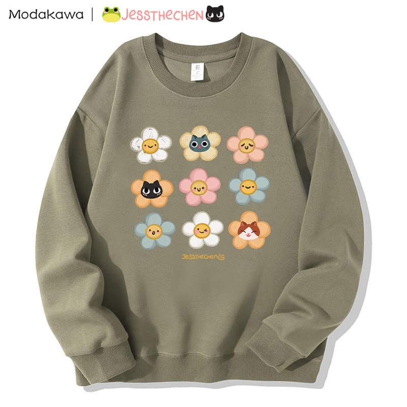 MODAKAWA X jessthechen Sweatshirt mit Blumen- und Katzenprint im Graffiti-Stil, Rundhalsausschnitt - Olive Green - 5XL - image 1