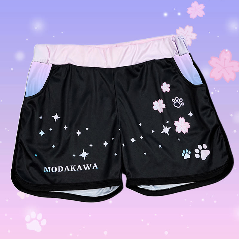 Modakawa Gradient Sakura Star Paw Print Casual Shorts - Black - 5XL - image 1