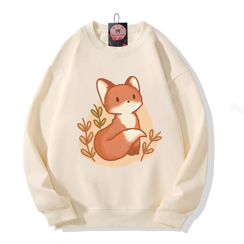 Modakawa Cartoon Fox Print Rundhals Plüsch-Sweatshirt - Apricot A - 3XL - image 1