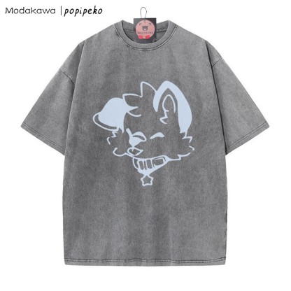 MODAKAWA X popipeko – Verwaschenes T-Shirt mit Welpen-Print - Grey - 5XL - image 3