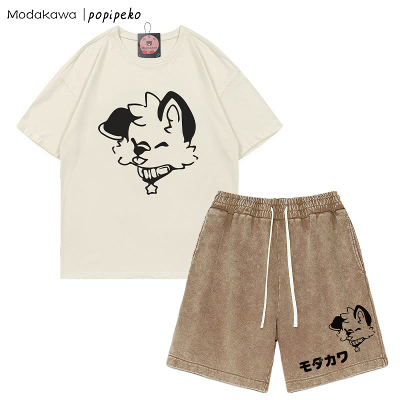 MODAKAWA X popipeko Puppy Letter T-Shirt und Vintage Washed Shorts Zweiteiliges Set - Apricot&Brown - 3XL - image 3