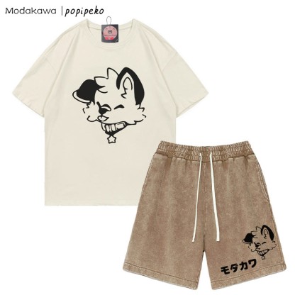 MODAKAWA X popipeko Puppy Letter T-Shirt und Vintage Washed Shorts Zweiteiliges Set - Apricot&Brown - 3XL - image 3