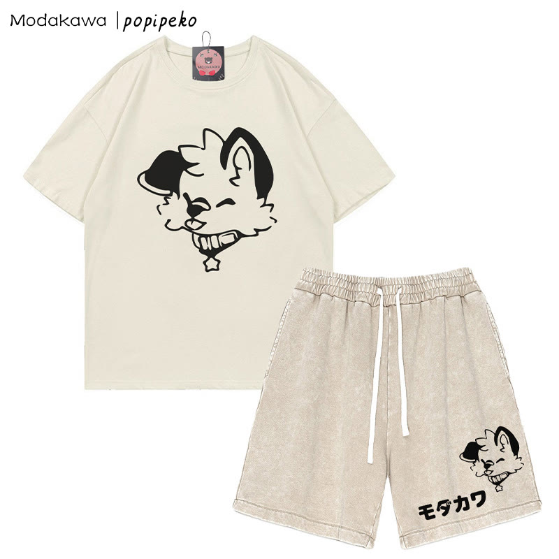 MODAKAWA X popipeko Puppy Letter T-Shirt und Vintage Washed Shorts Zweiteiliges Set - Apricot - 3XL - image 1