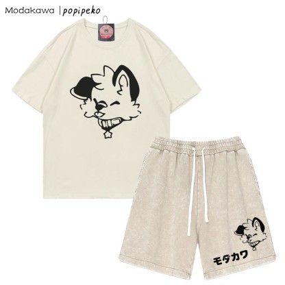 MODAKAWA X popipeko Puppy Letter T-Shirt und Vintage Washed Shorts Zweiteiliges Set - Apricot - 3XL - image 1