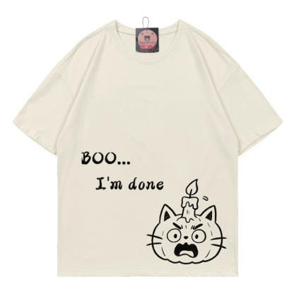 BUH, ICH BIN FERTIG! Kürbis-Kätzchen-Print-T-Shirt - Beige - 5XL - image 4