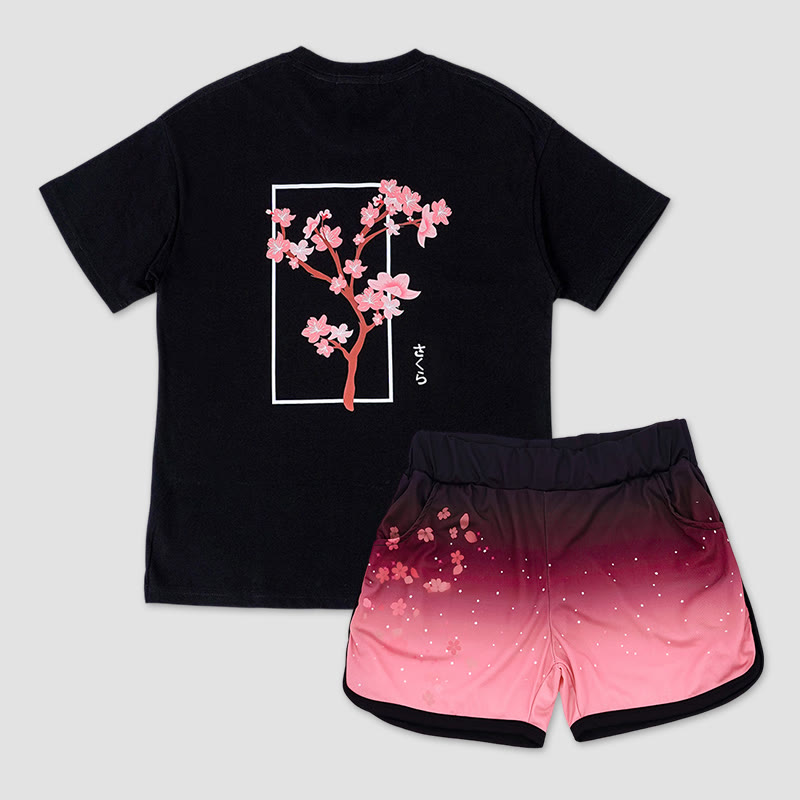 T-Shirt mit CHERRY TREE Print, Shorts mit Sakura-Print im Farbverlauf, Modakawa Zweiteiler-Set - Black - 5XL - image 1