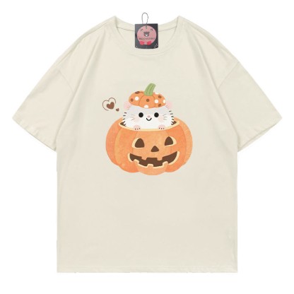 T-Shirt mit Kürbis-Kätzchen-Print - Beige - 5XL - image 1