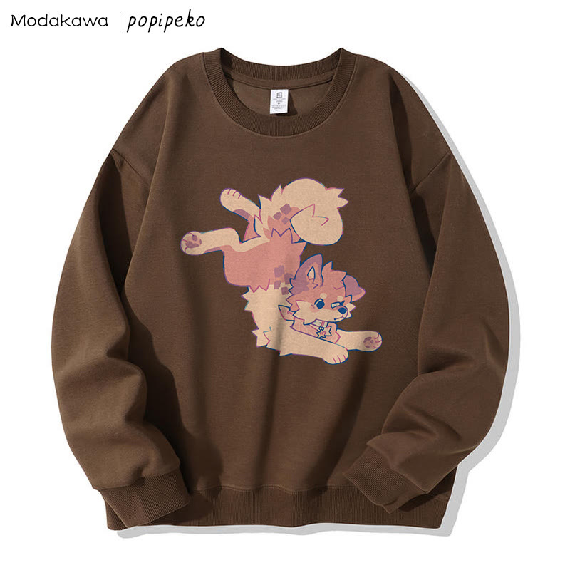 MODAKAWA X popipeko Sweatshirt mit Welpenprint und Rundhalsausschnitt - Brown - 5XL - image 2